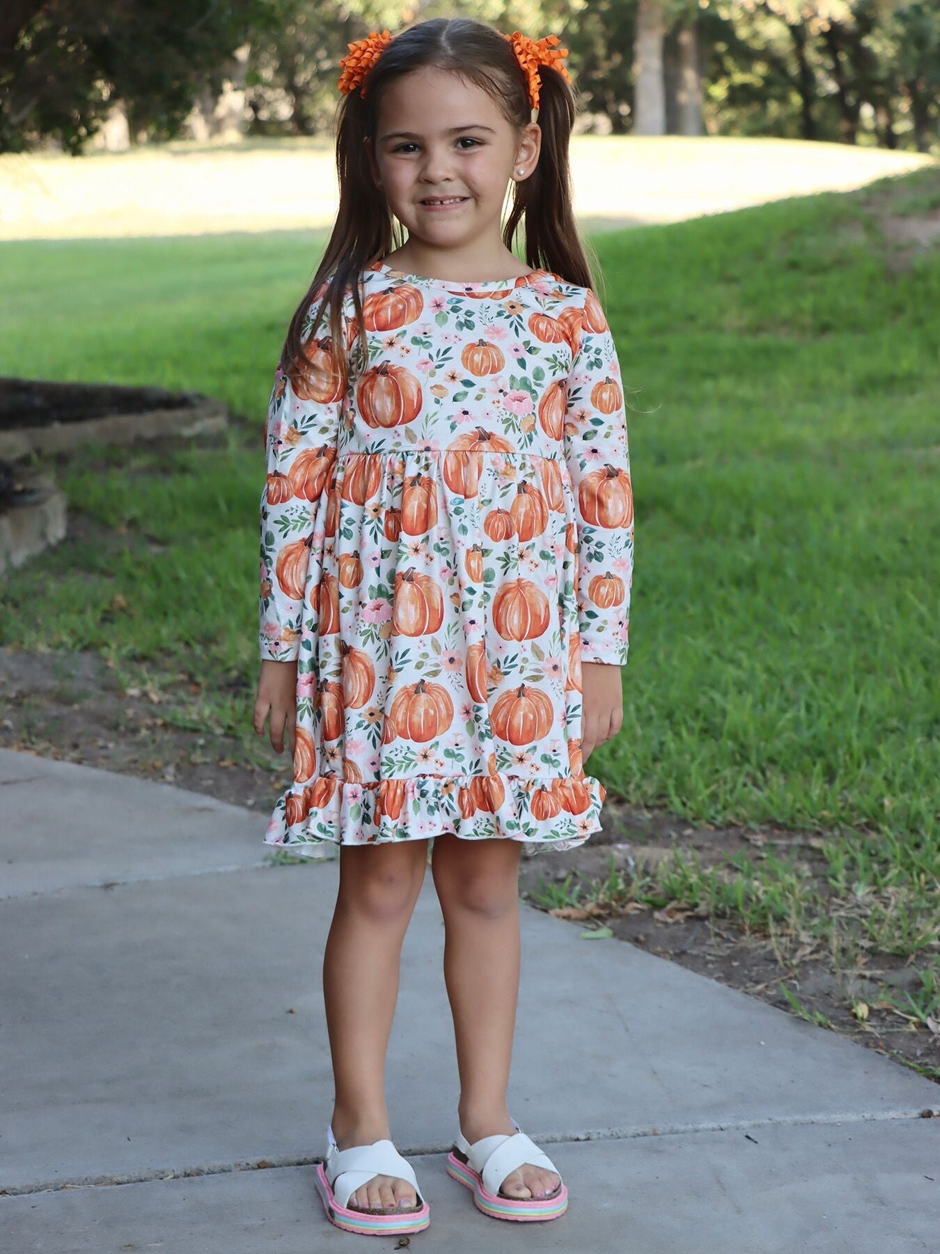 Three Little Tots Girls Fall Pumpkin Print Long Sleeve Dress