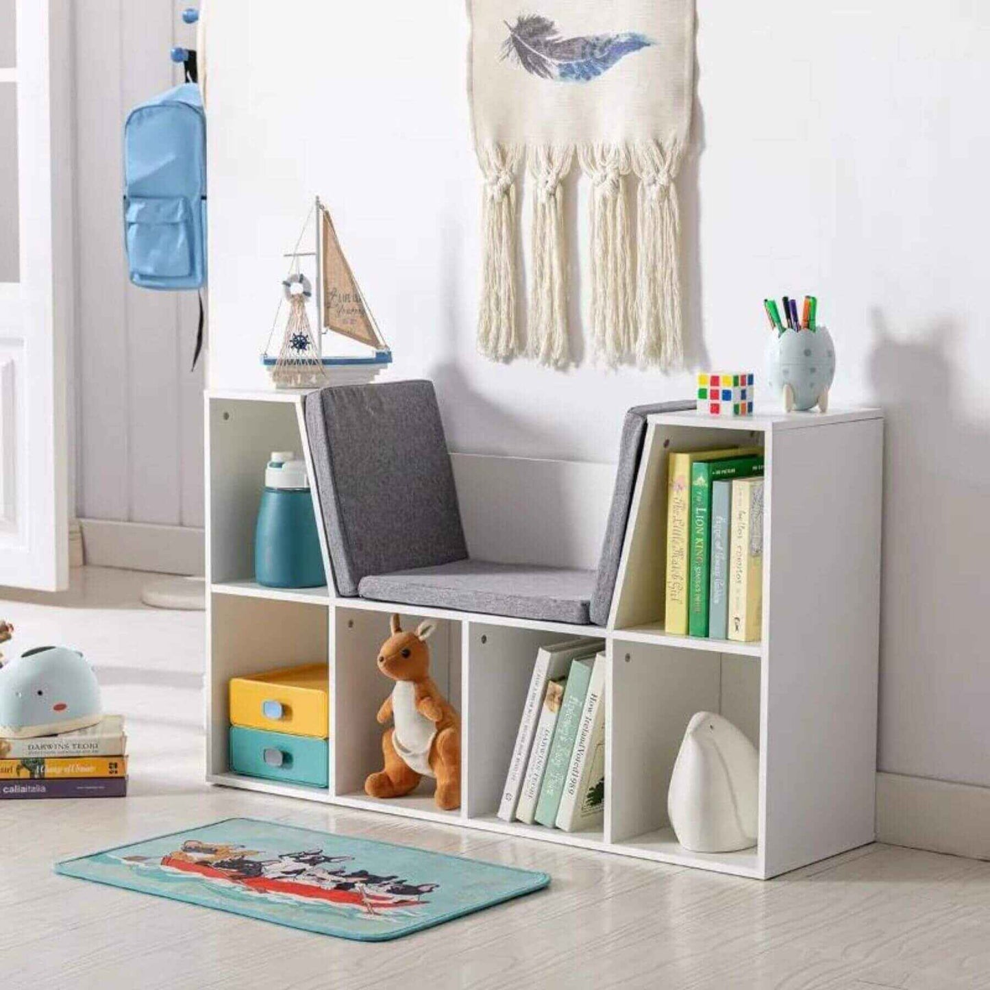 HOMCOM 6-Cubby Kids Bookcase with Reading Nook and Cushion, White