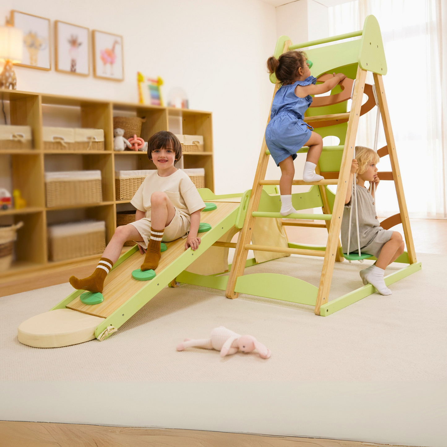 Three Little Tots Avenlur Bush 6-in-1 Indoor Wooden Jungle Gym Climber Montessori Toddler Playset with Slide Rock Wall Ladder