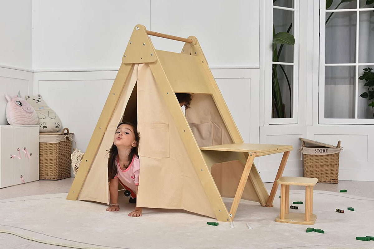 Three Little Tots Oak - Wood Learning Tent and Climber with Desk and Chair, another angle