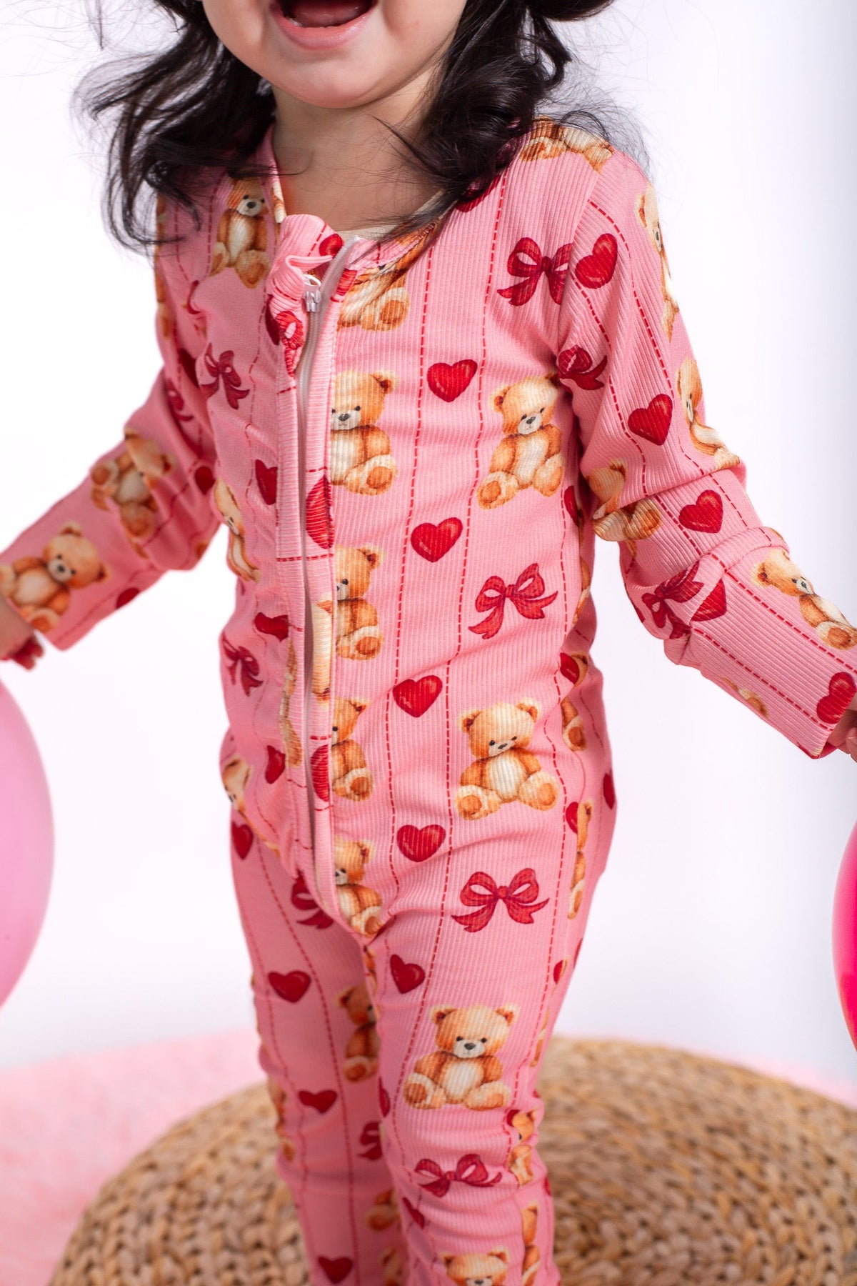 Three Little Tots Ribbed bamboo pink teddy zippy, alternate angle