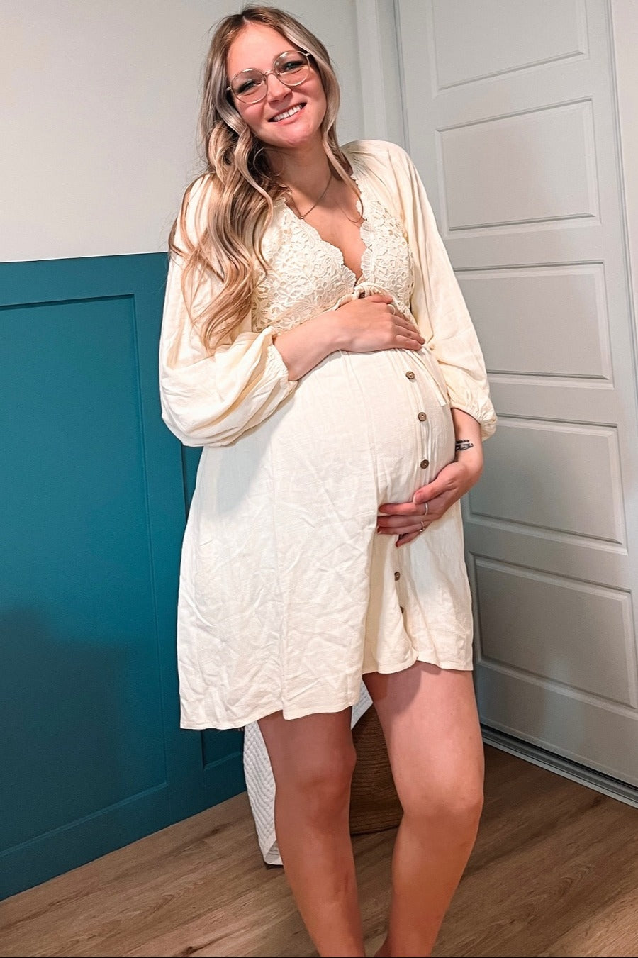 Three Little Tots Beige Crochet Lace Button Front Maternity Dress, another angle