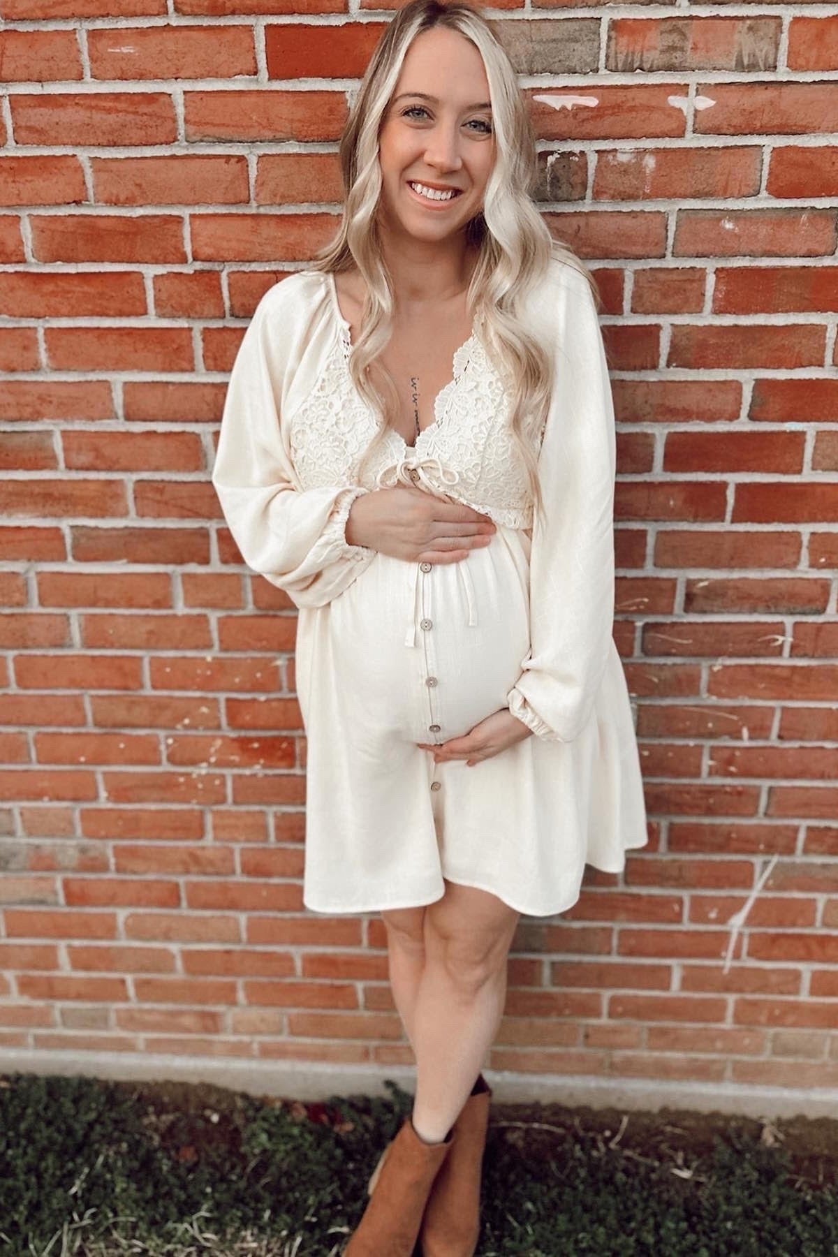 Three Little Tots Beige Crochet Lace Button Front Maternity Dress, fourth additional photo