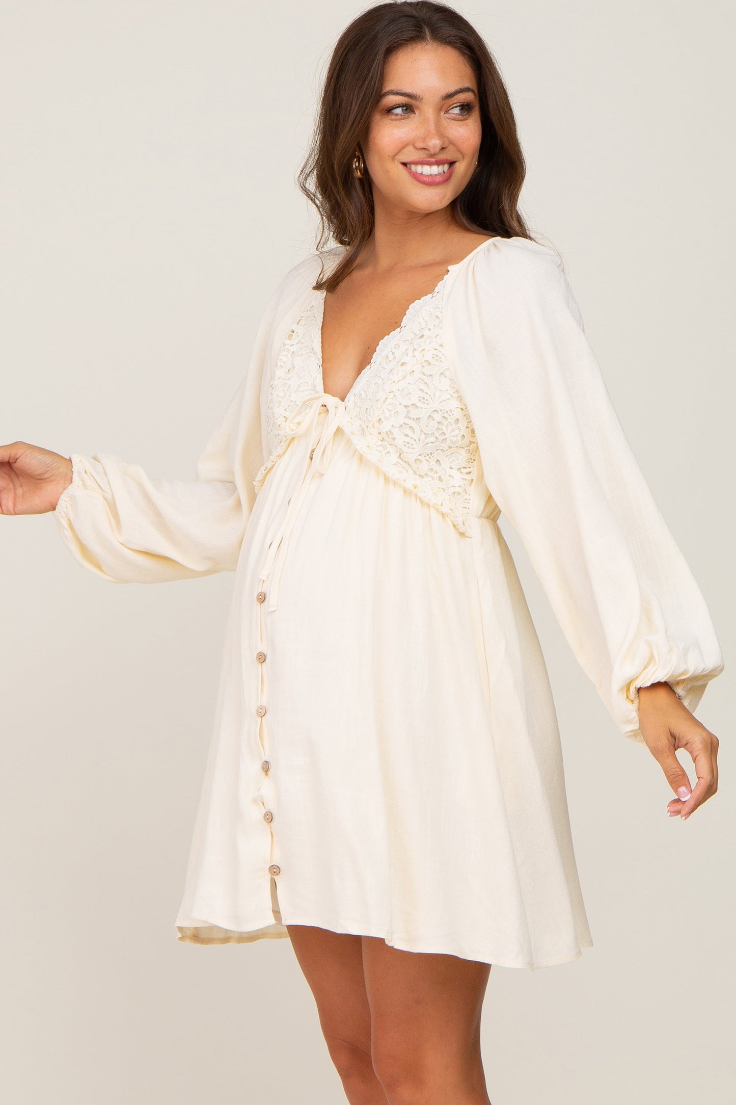 Three Little Tots Beige Crochet Lace Button Front Maternity Dress, alternate angle