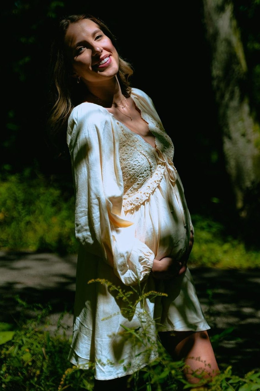 Three Little Tots Beige Crochet Lace Button Front Maternity Dress, sixth additional photo