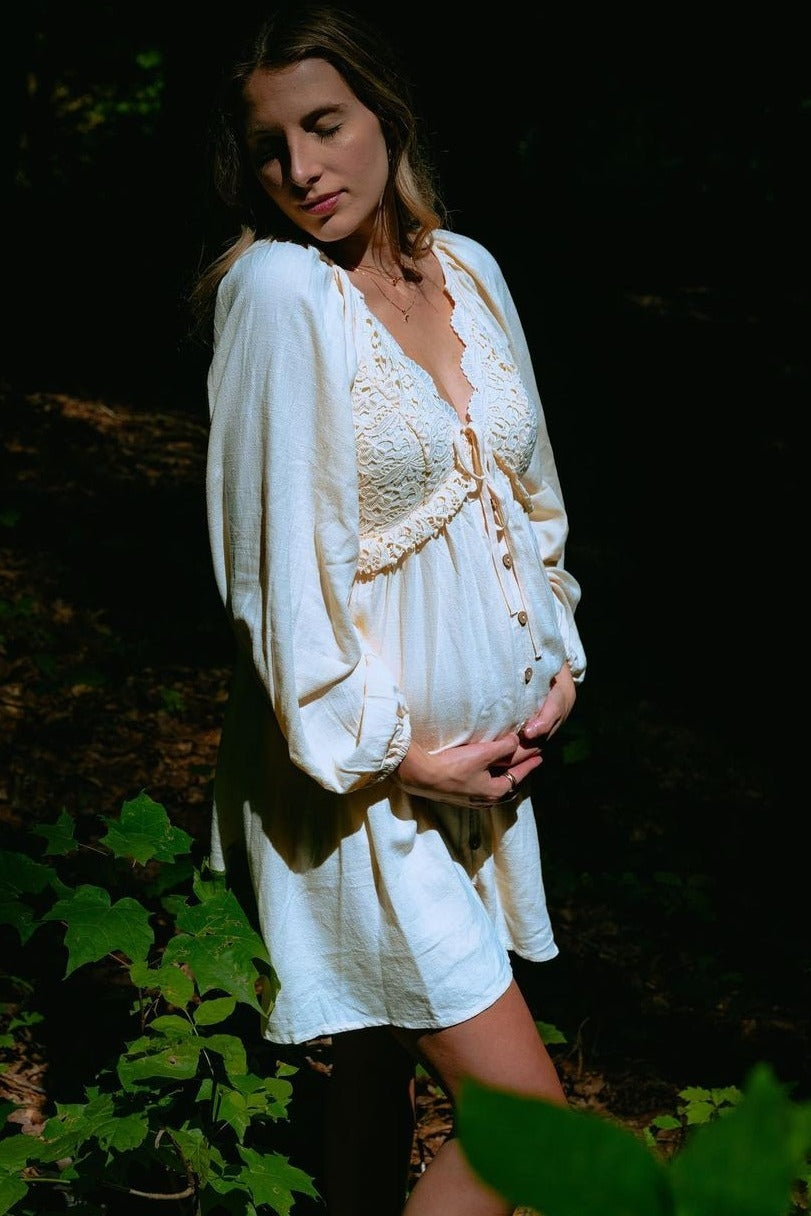 Three Little Tots Beige Crochet Lace Button Front Maternity Dress, ninth additional photo