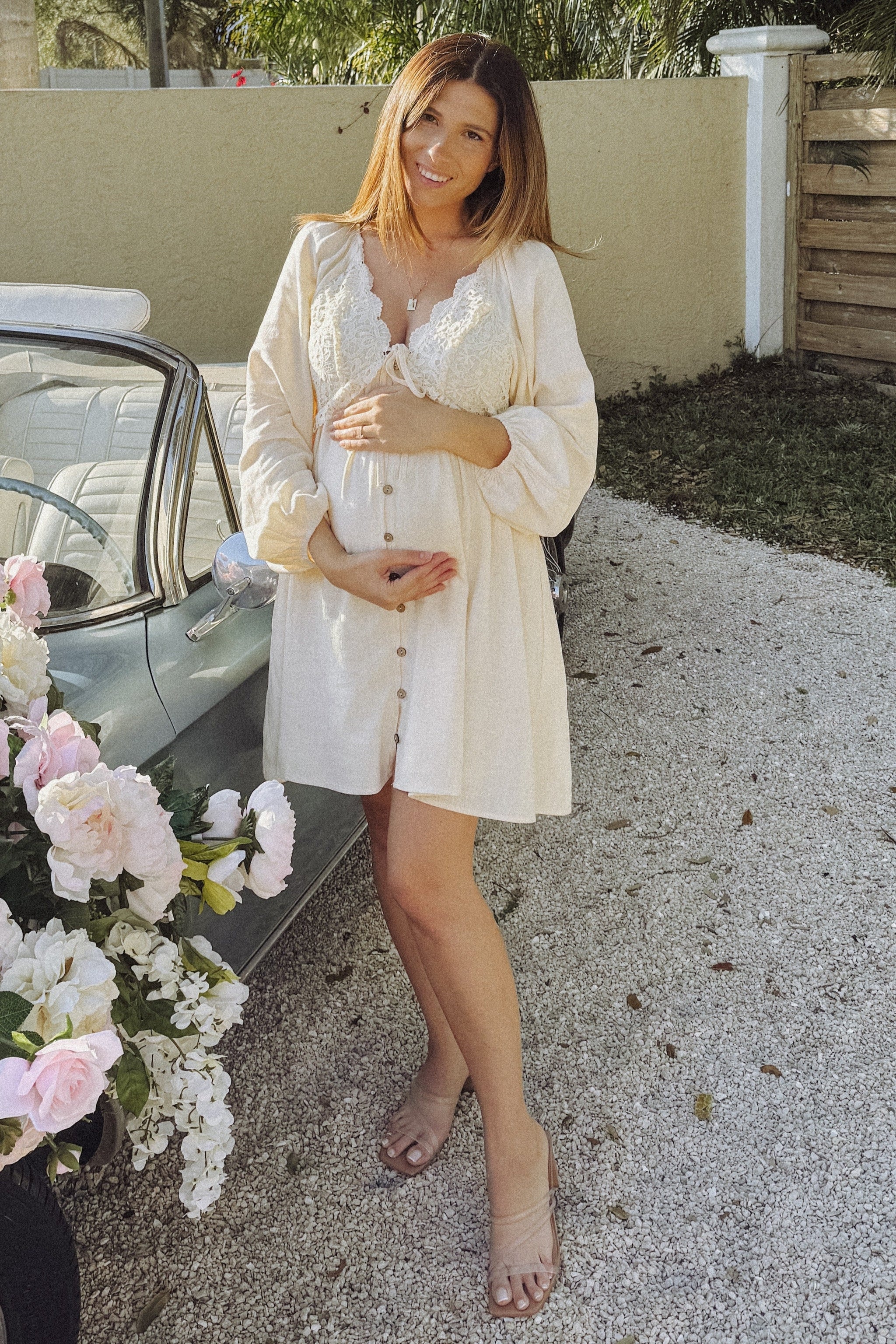Three Little Tots Beige Crochet Lace Button Front Maternity Dress, tenth additional photo