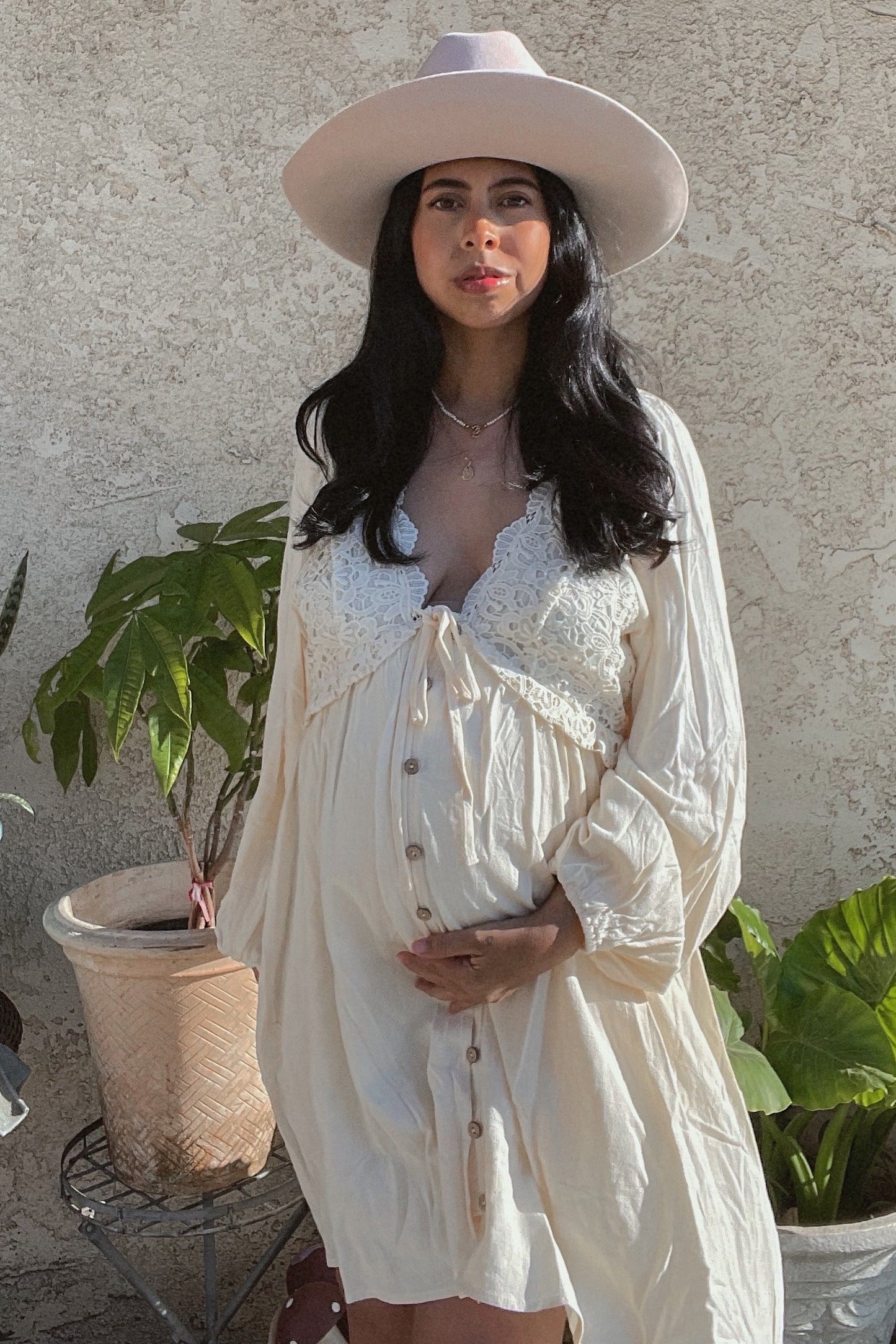 Three Little Tots Beige Crochet Lace Button Front Maternity Dress, additional product photo