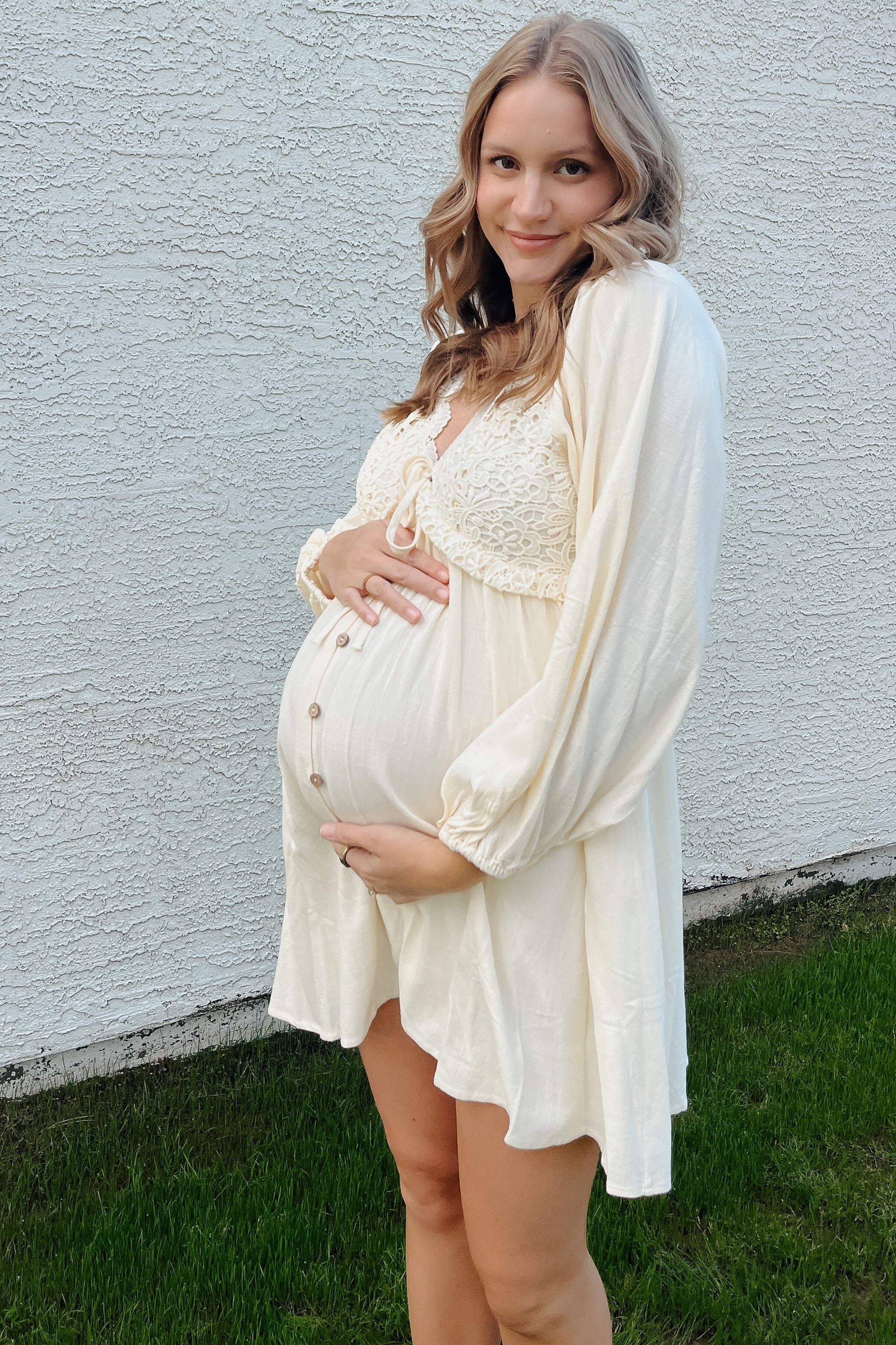 Three Little Tots Beige Crochet Lace Button Front Maternity Dress, additional product photo
