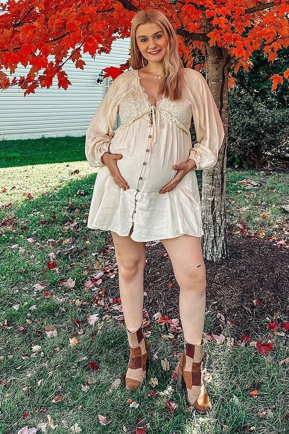 Three Little Tots Beige Crochet Lace Button Front Maternity Dress, additional product photo