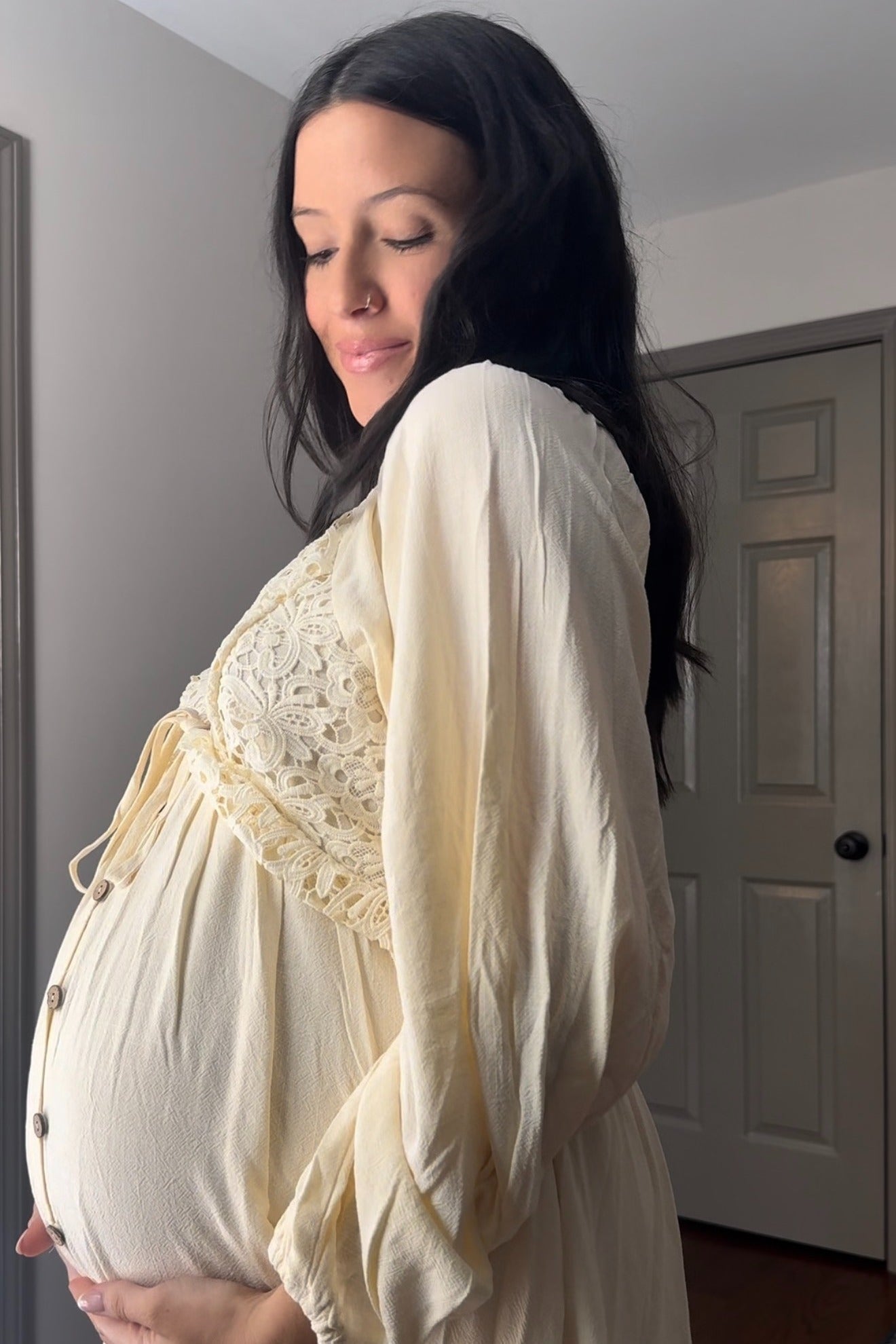Three Little Tots Beige Crochet Lace Button Front Maternity Dress, additional product photo