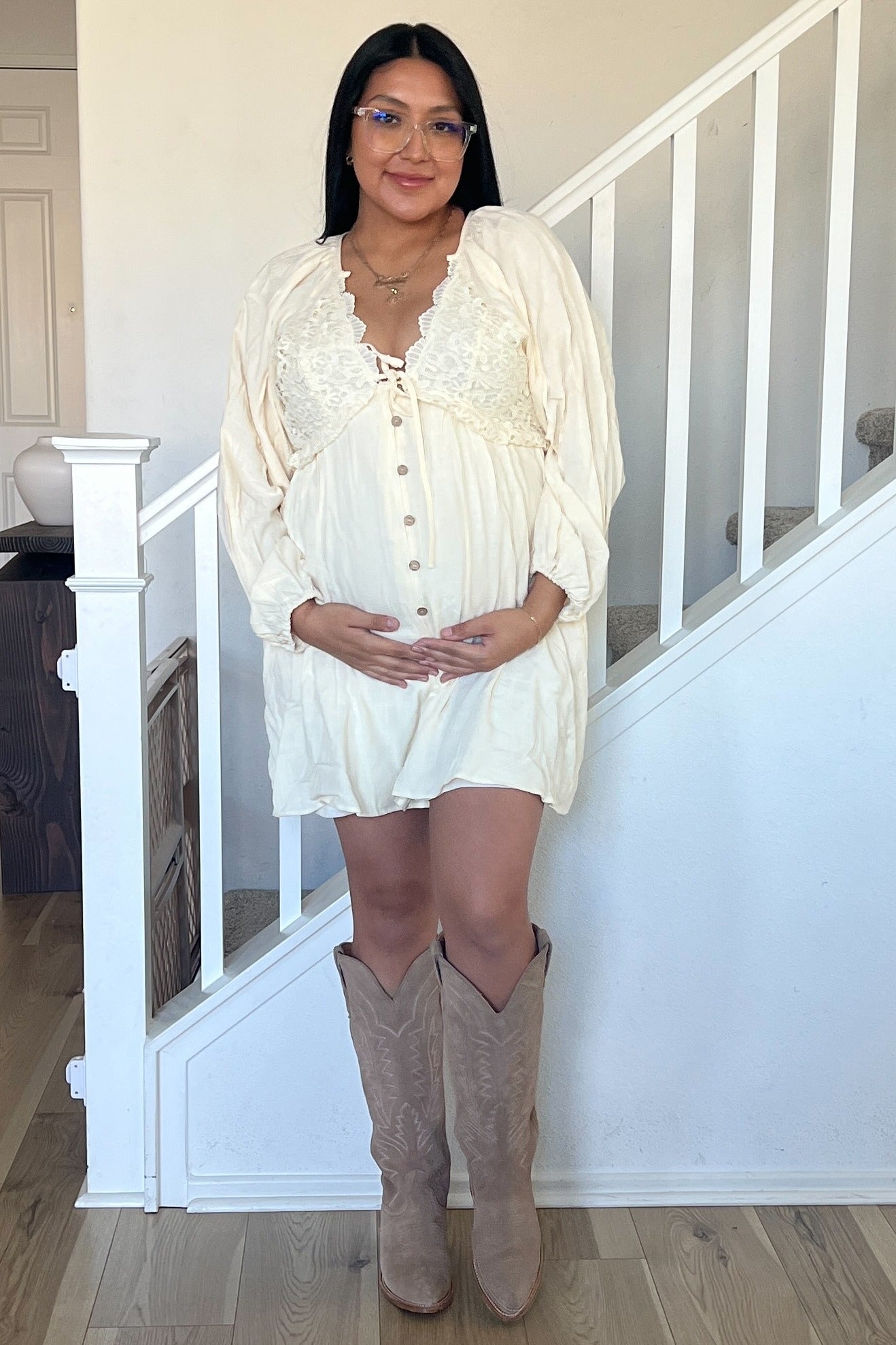 Three Little Tots Beige Crochet Lace Button Front Maternity Dress, additional product photo