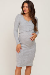 Three Little Tots Heather Grey Brushed Knit Long Sleeve Maternity Wrap Nursing Dress