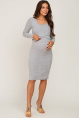 Three Little Tots Heather Grey Brushed Knit Long Sleeve Maternity Wrap Nursing Dress, additional product photo