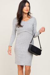 Three Little Tots Heather Grey Brushed Knit Long Sleeve Wrap Nursing Dress