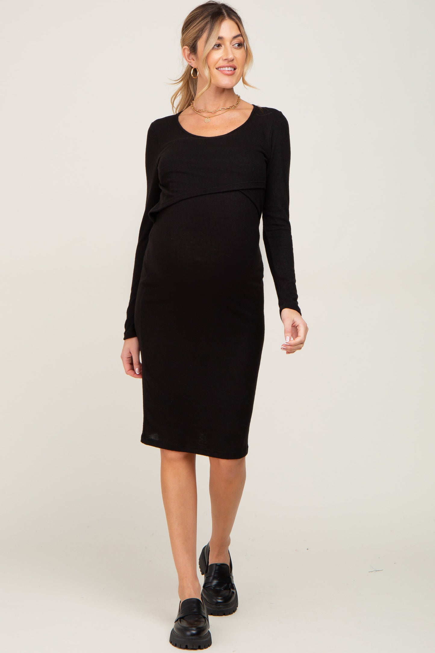 Three Little Tots Black Brushed Knit Long Sleeve Maternity Wrap Nursing Dress