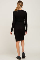 Three Little Tots Black Brushed Knit Long Sleeve Maternity Wrap Nursing Dress, alternate angle
