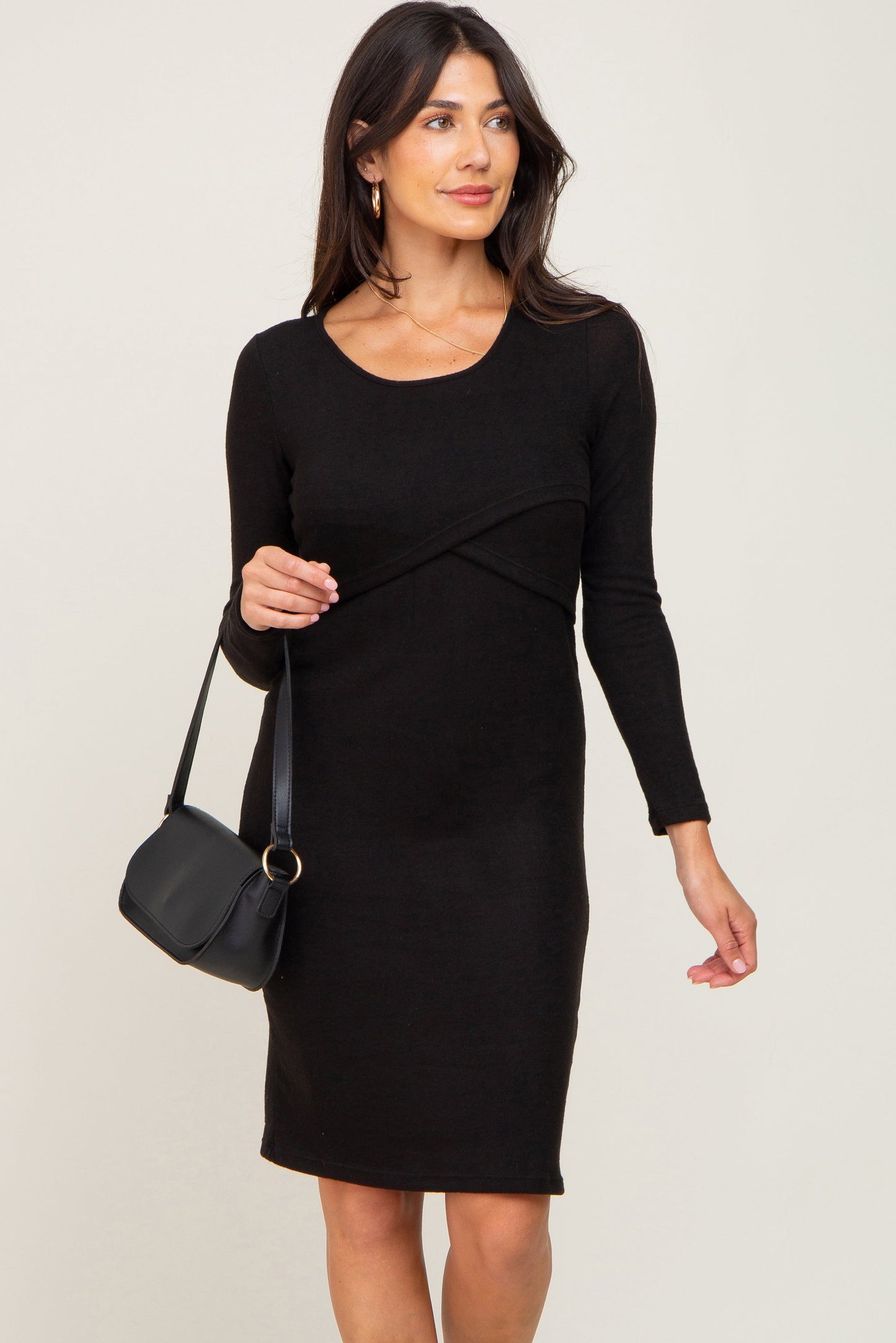 Three Little Tots Black Brushed Knit Long Sleeve Wrap Nursing Dress