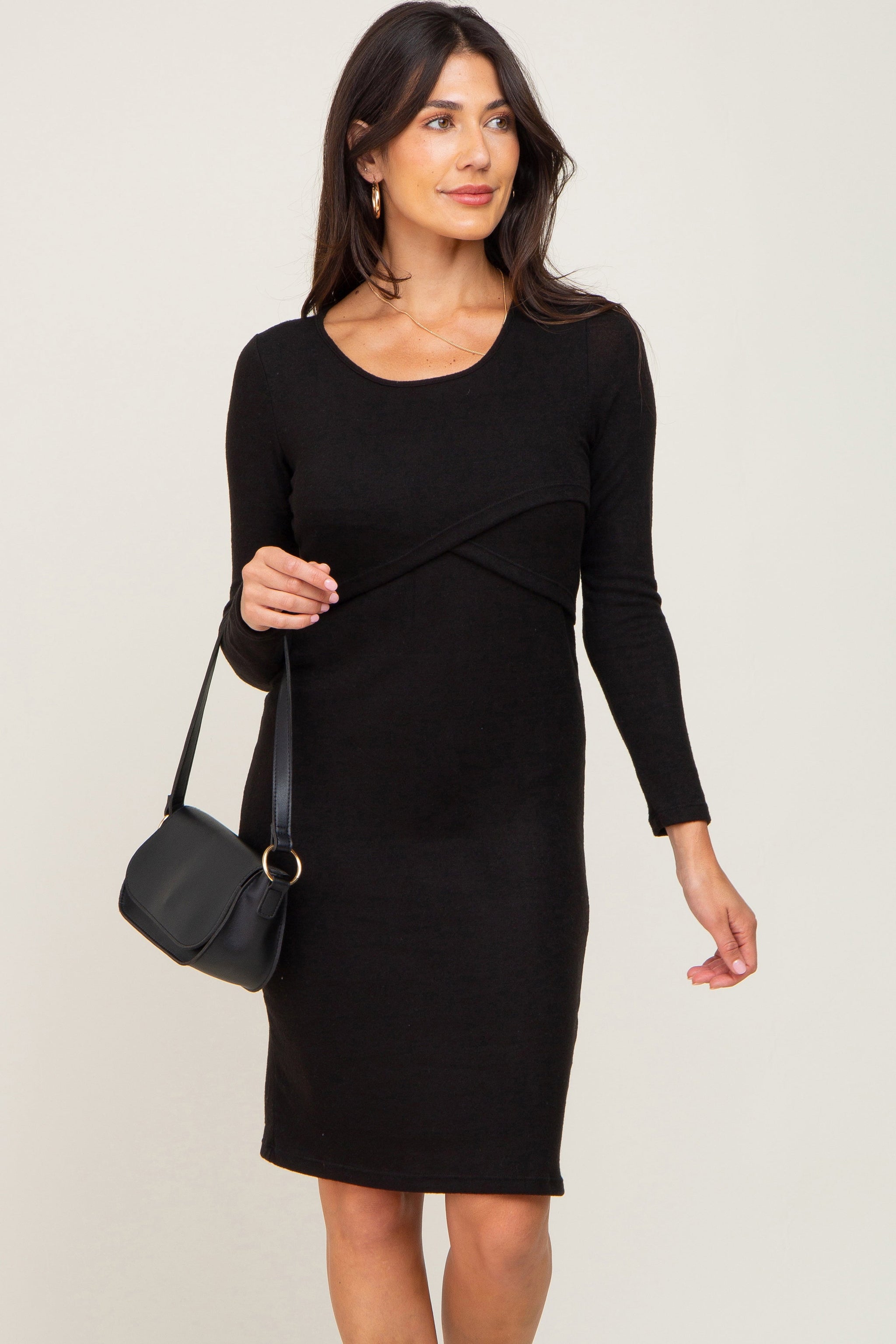 Three Little Tots Black Brushed Knit Long Sleeve Maternity Wrap Nursing Dress, extra product detail