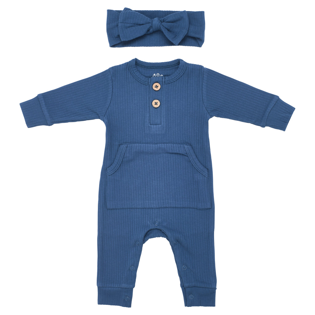 Navy Baby Ribbed Playsuit with pockets