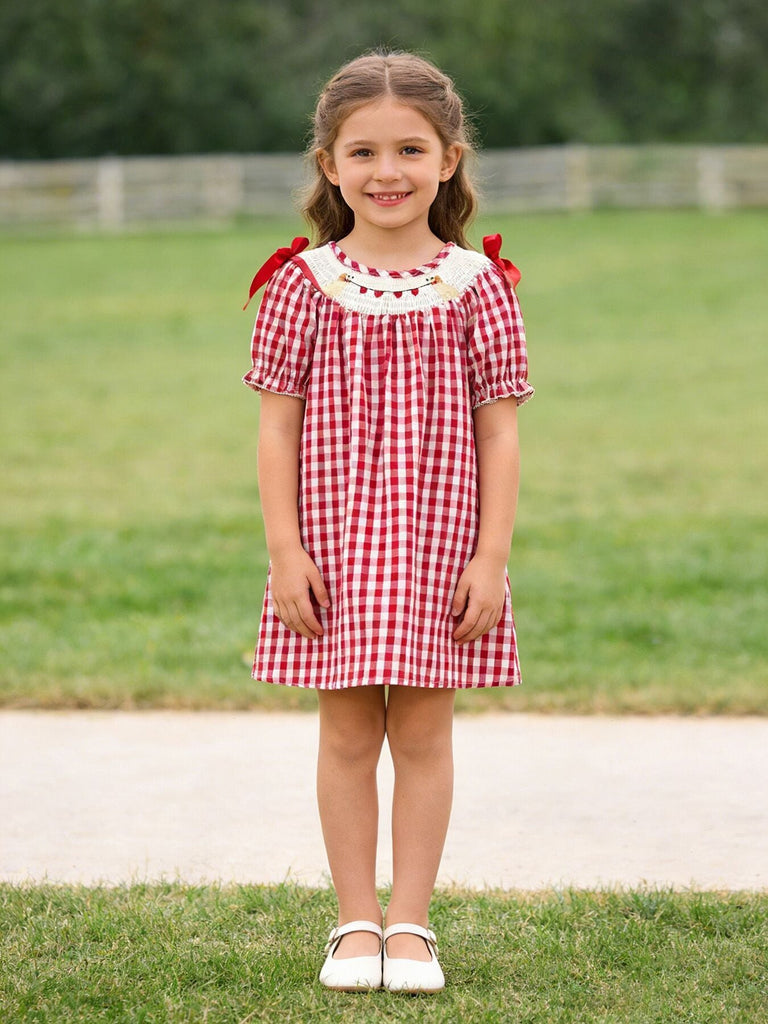 Valentine Red Plaid Dress with Smocked Heart Dog Detail and Bows