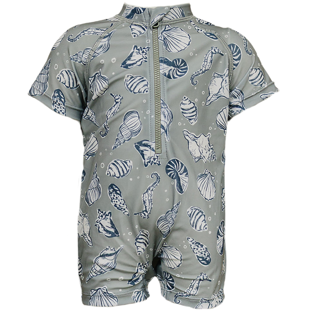 Children's swim suit with sea creature pattern on a gray background