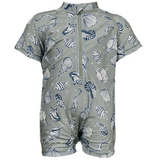 Children's swim suit with sea creature pattern on a gray background