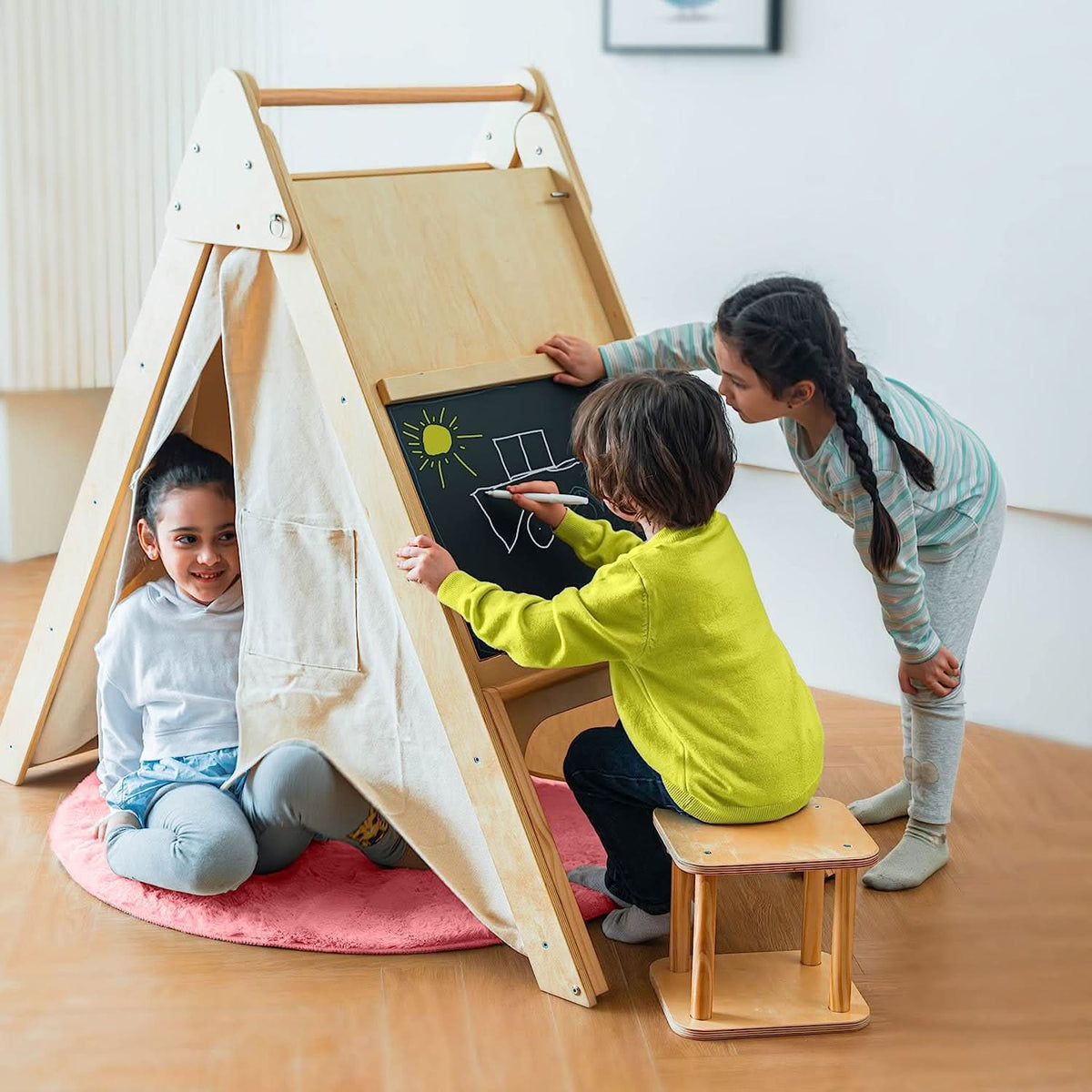 Three Little Tots Oak - Wood Learning Tent and Climber with Desk and Chair