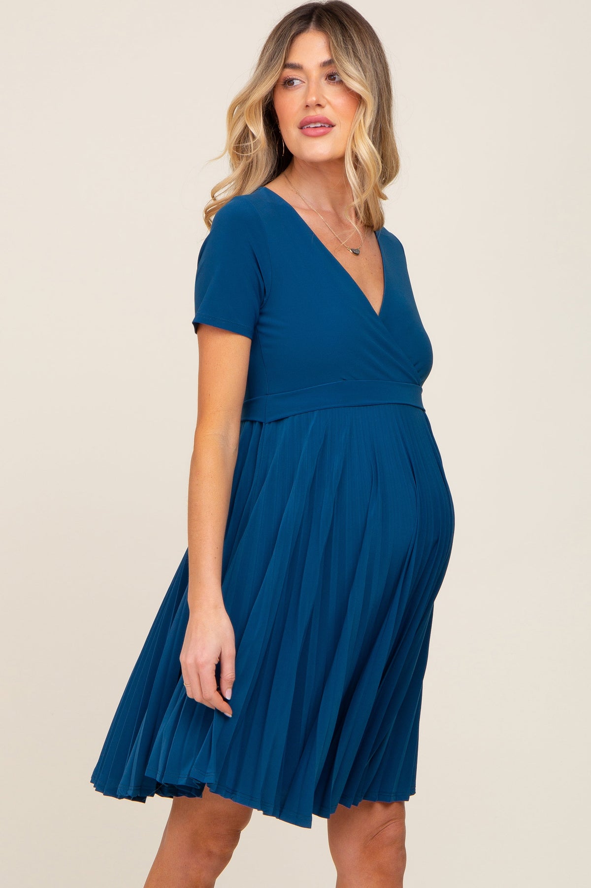 Three Little Tots Teal Pleated Maternity Nursing Dress, additional product photo