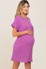 Three Little Tots Violet Ribbed Front Pocket Dolman Short Sleeve Maternity Dress, additional product photo