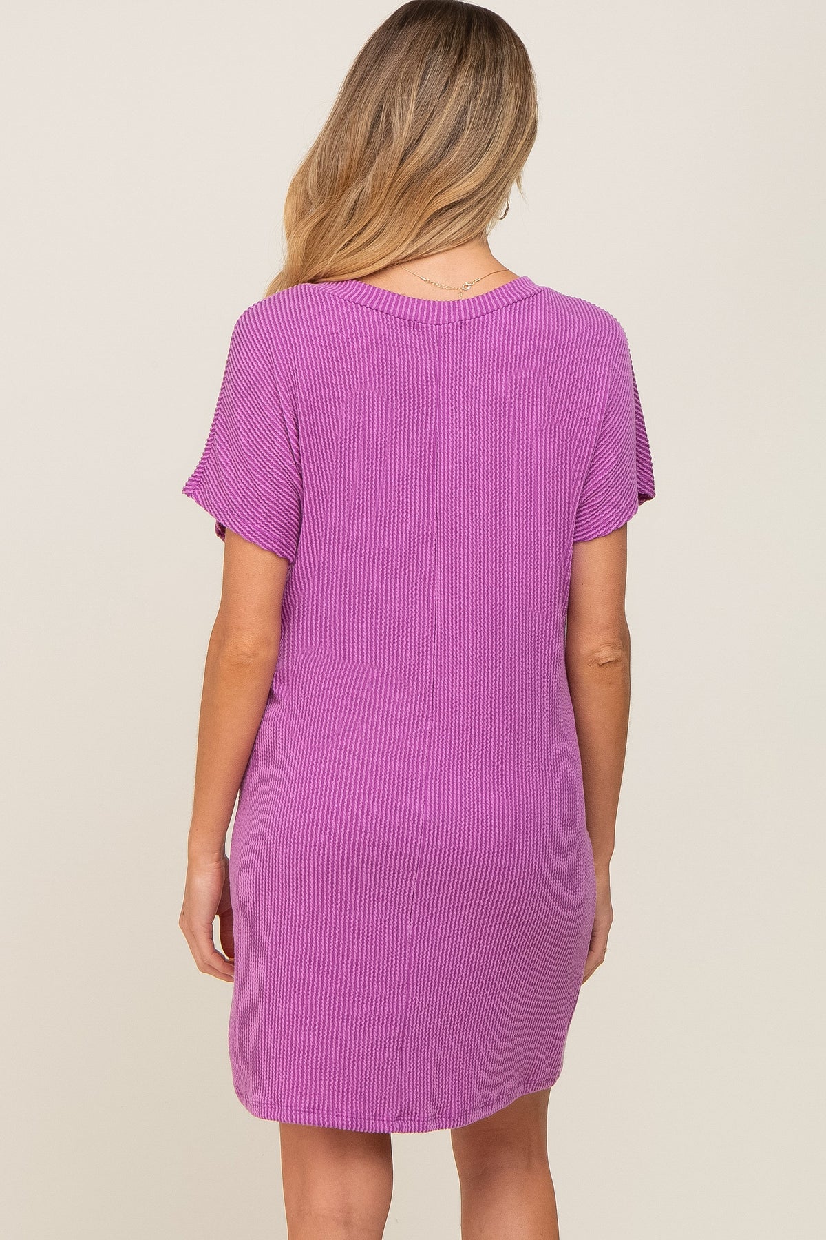 Three Little Tots Violet Ribbed Front Pocket Dolman Short Sleeve Maternity Dress, alternate angle