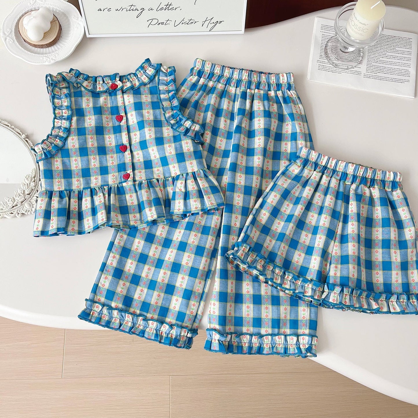 Summer 4th of July Plaid Three Piece Set For Girls