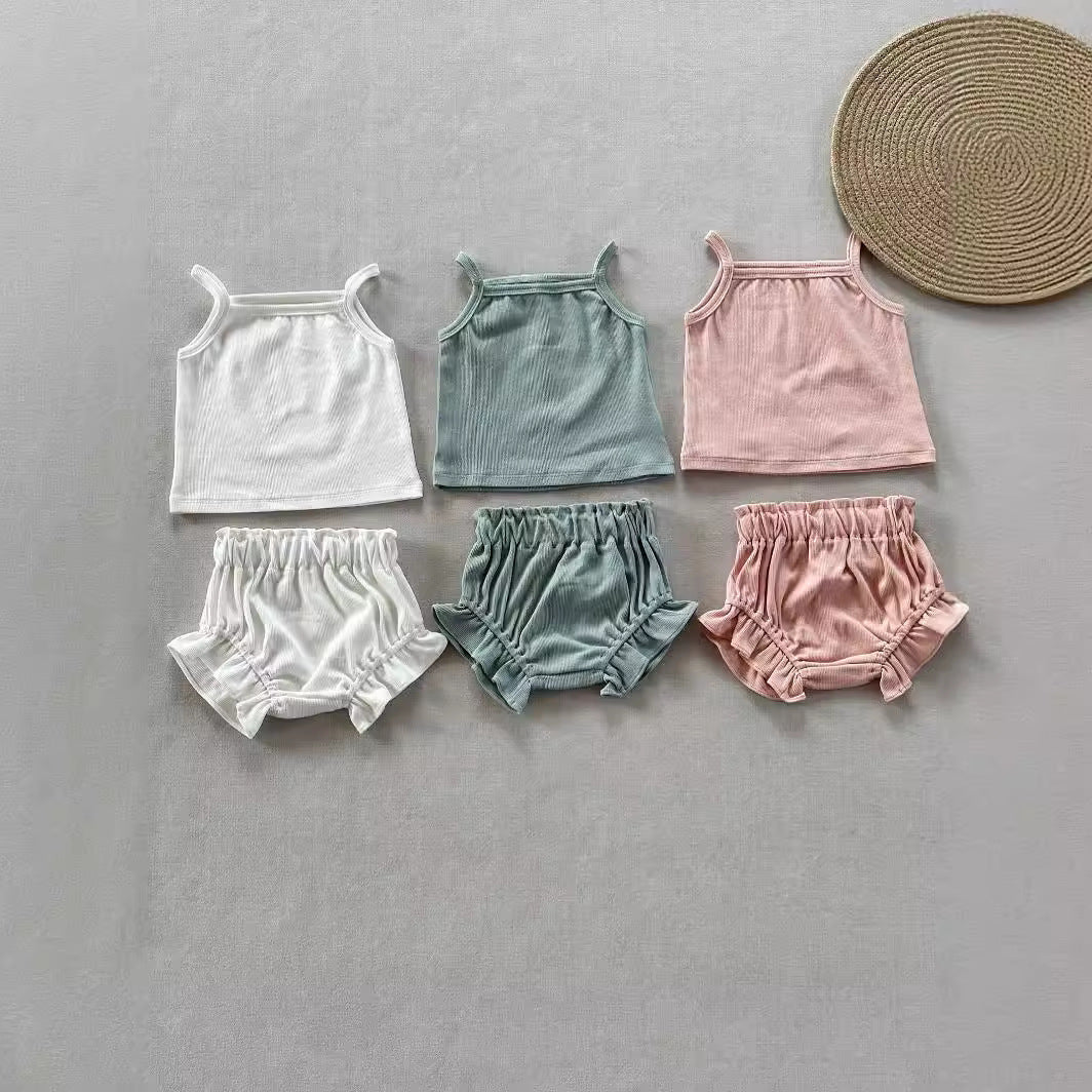Summer Ribbed Tank Top and Ruffle Short Set