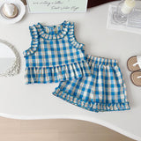 Summer 4th of July Plaid Three Piece Set For Girls