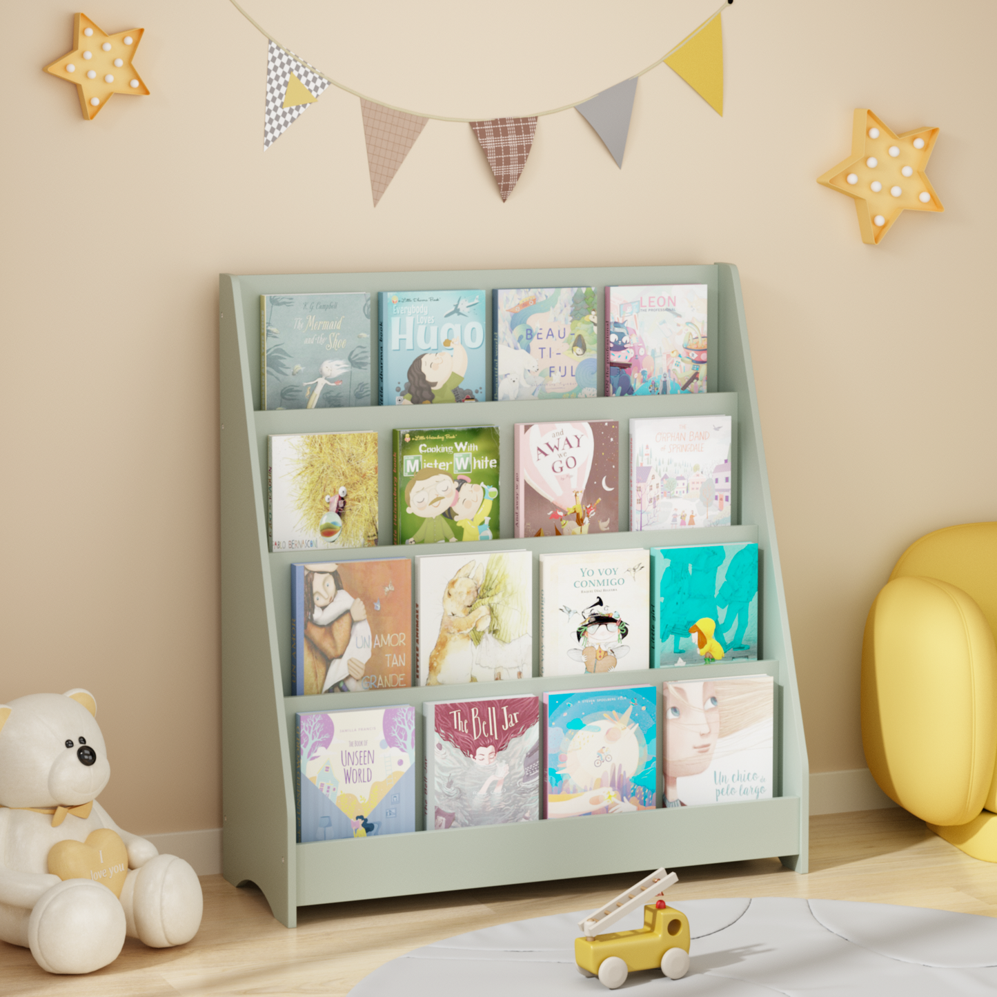 MOONRIVER 4-Tier Kids Bookshelf, Toddler Book Display Shelves, Sage (Open Box)