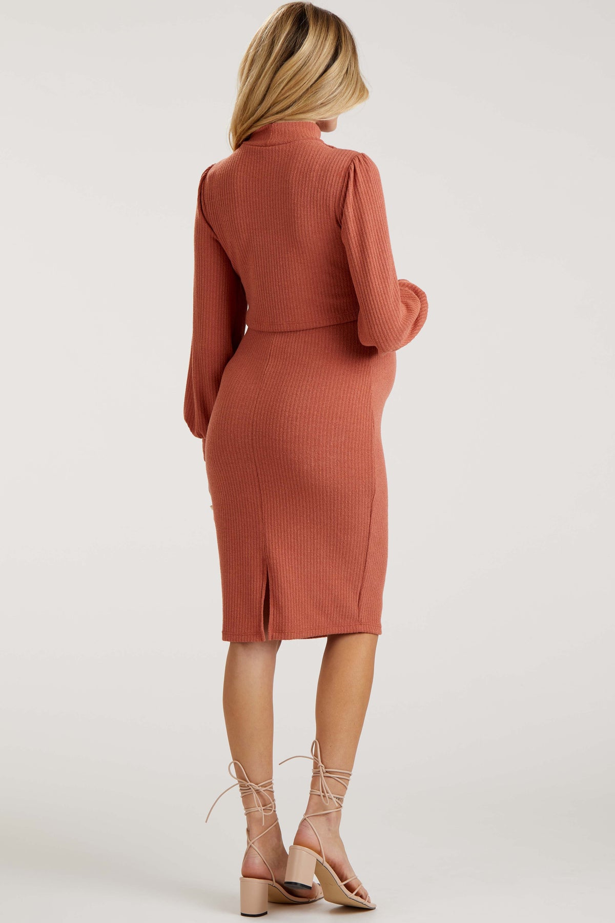 Three Little Tots Rust Rib Knit Mock Neck Maternity Nursing Dress, alternate angle