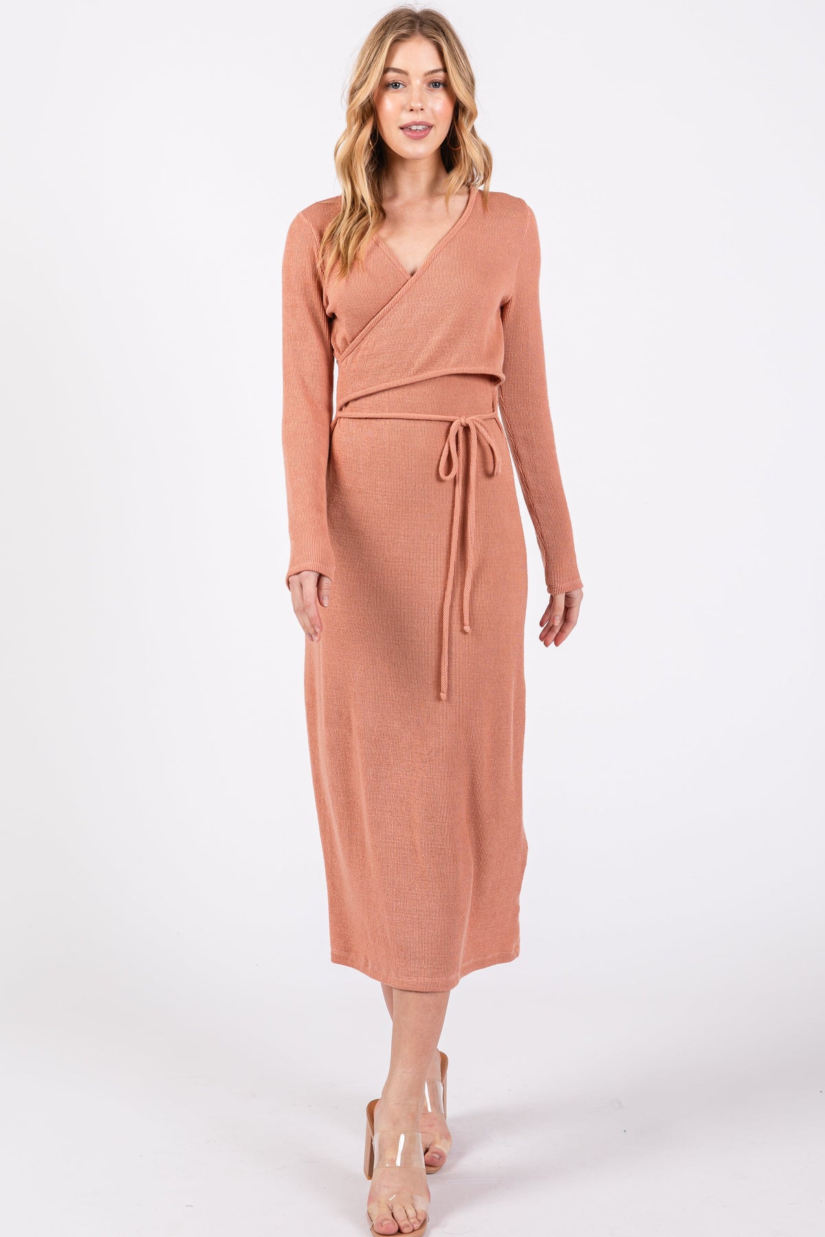 Three Little Tots Rust Ribbed Long Sleeve Wrap Nursing Dress