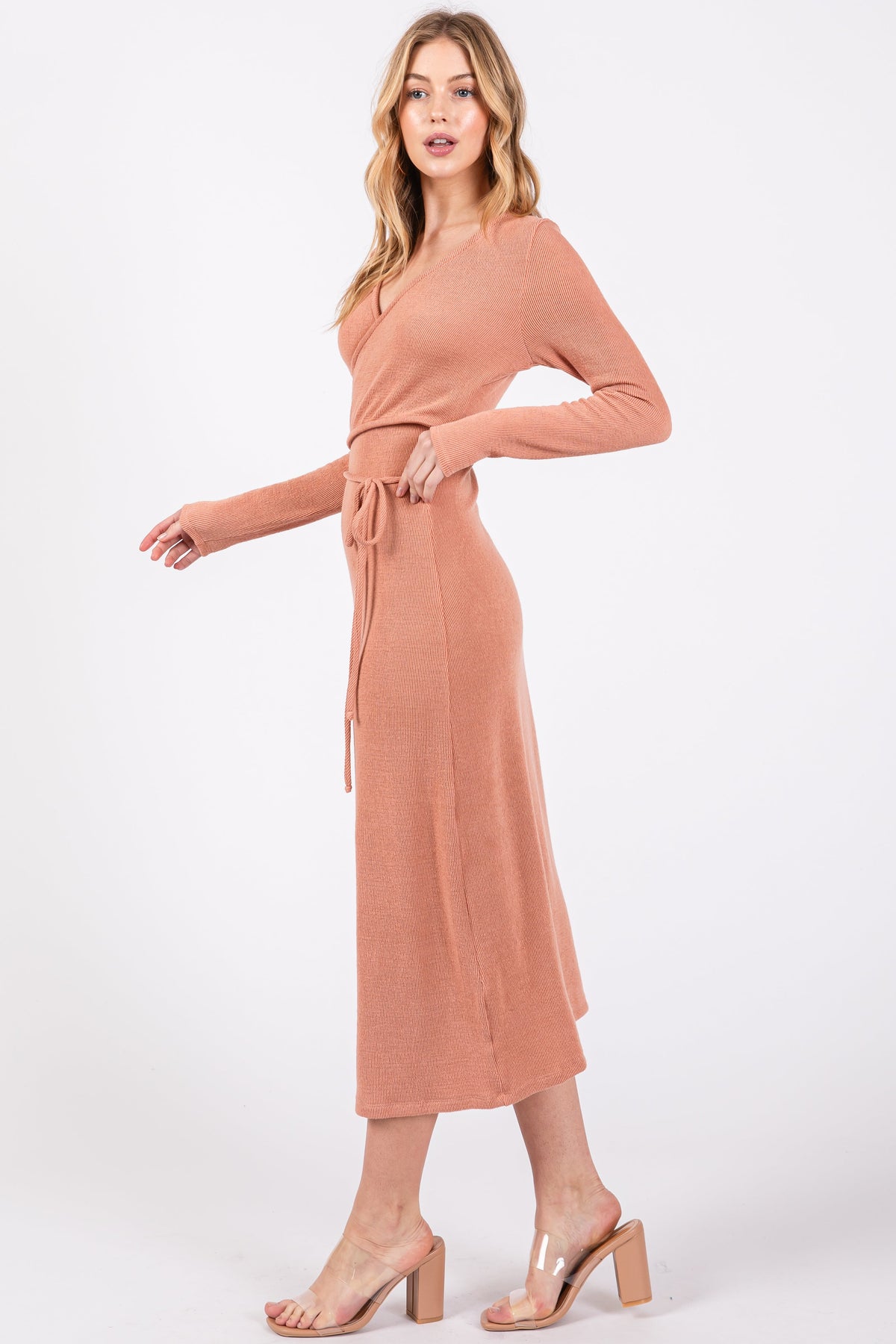 Three Little Tots Rust Ribbed Long Sleeve Wrap Nursing Dress, additional product photo