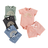 Rainbow Waffle Four-color Side Button Short Sleeve Baby Bodysuit Shorts Set