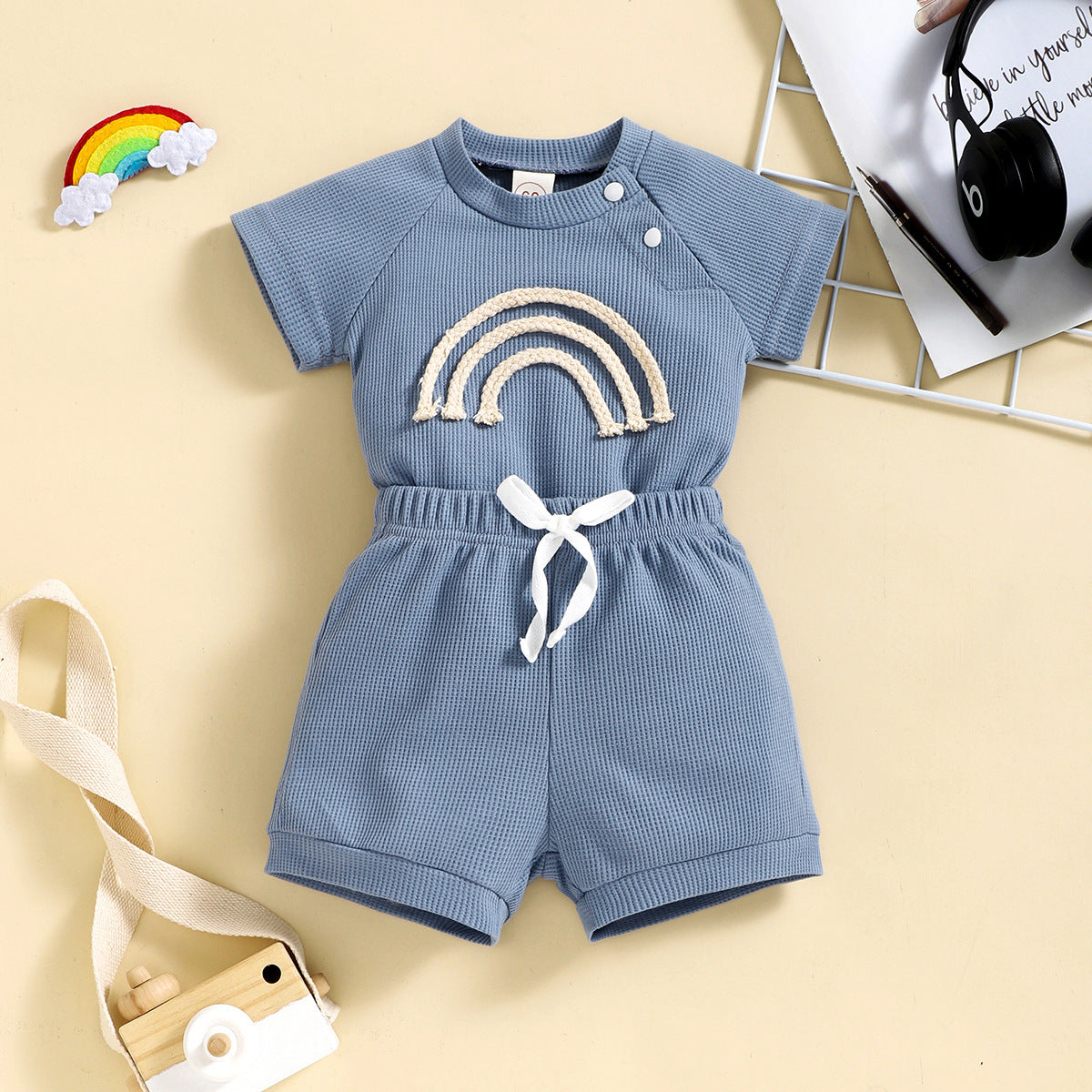 Rainbow Waffle Four-color Side Button Short Sleeve Baby Bodysuit Shorts Set