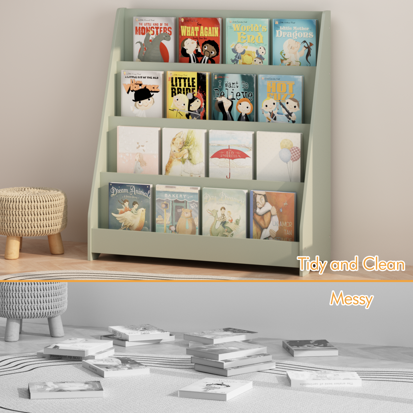 MOONRIVER 4-Tier Kids Bookshelf, Toddler Book Display Shelves, Sage (Open Box)