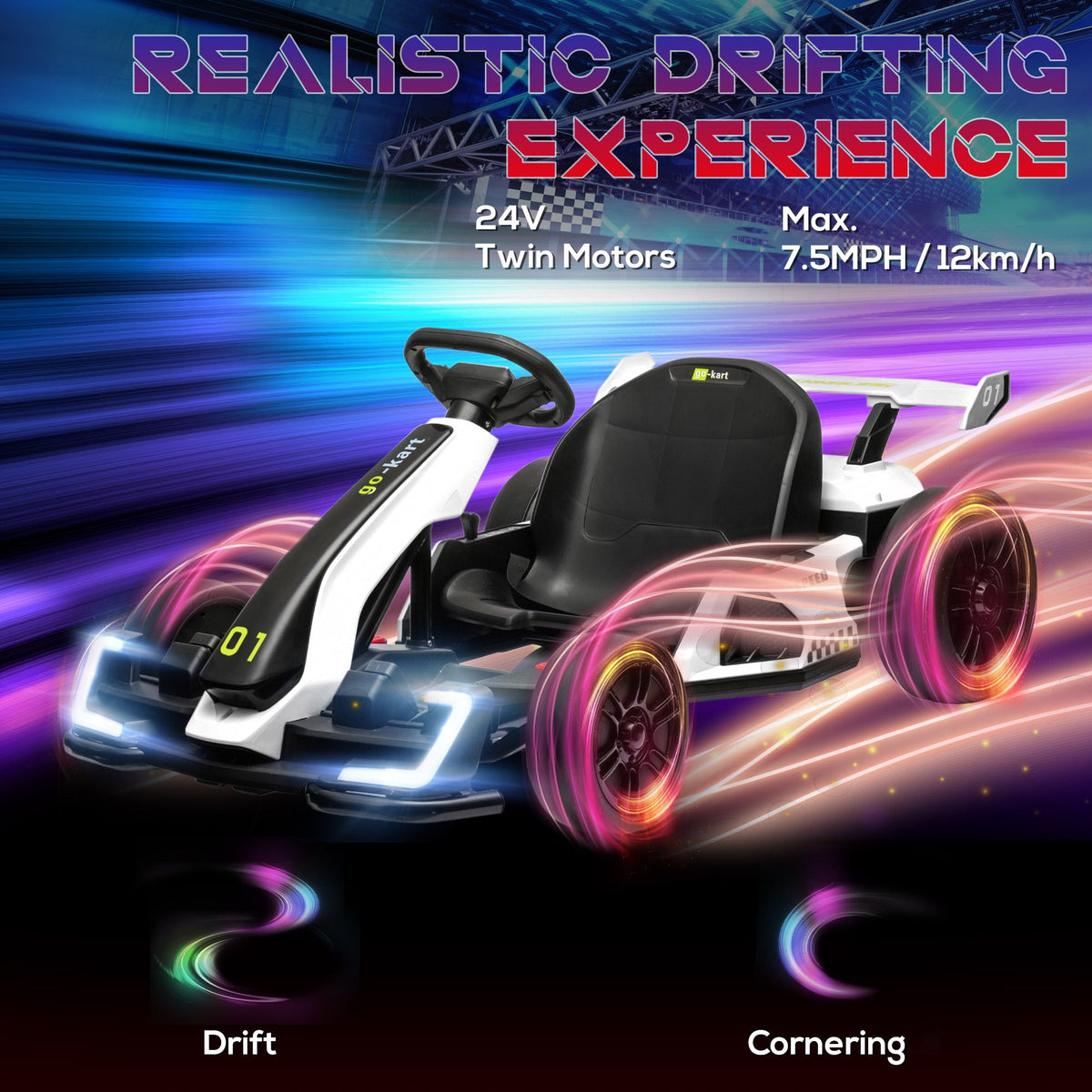 Aosom 24V 7.5 MPH Electric Go Kart with Adjustable Seat, Slow Start, White