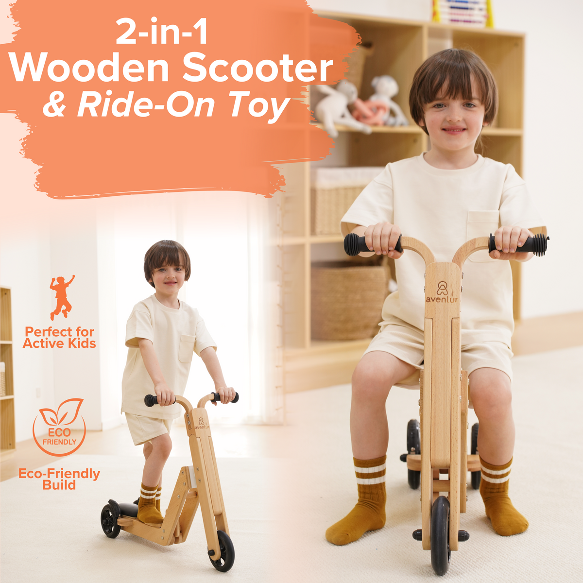 Three Little Tots Juneberry 2-in-1 Wooden Scooter and Ride-On Toy for Toddlers, second additional photo