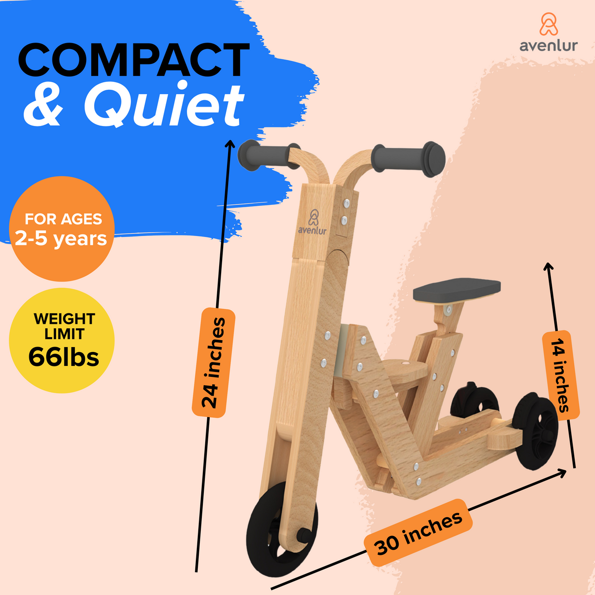 Three Little Tots Juneberry 2-in-1 Wooden Scooter and Ride-On Toy for Toddlers, alternate angle