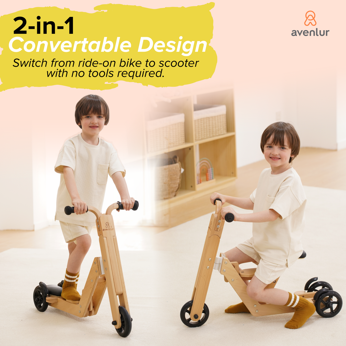 Three Little Tots Juneberry 2-in-1 Wooden Scooter and Ride-On Toy for Toddlers, extra product detail