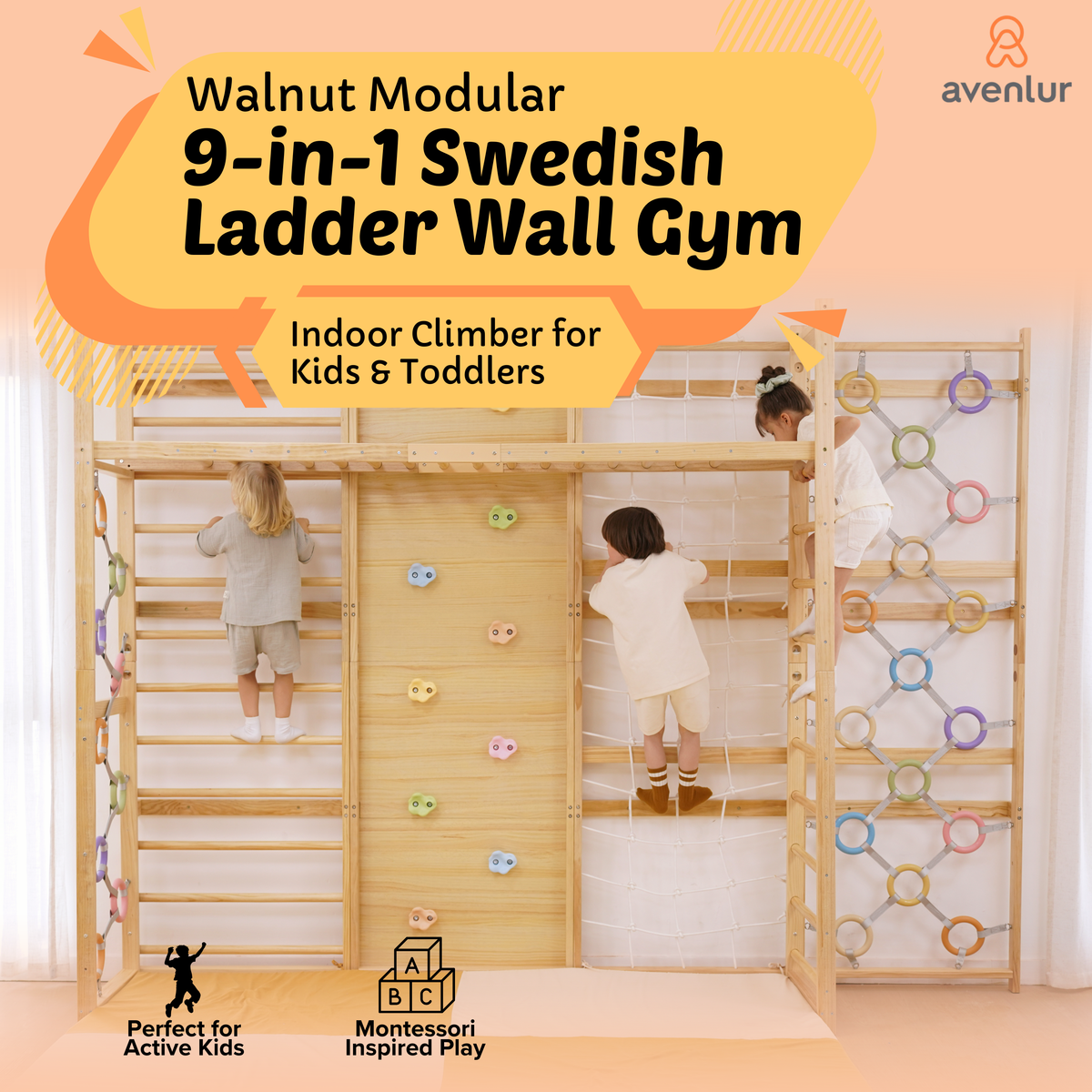 Three Little Tots Walnut Modular Swedish Ladder Jungle Gym - 95 Height - Wall Mounted, alternate angle