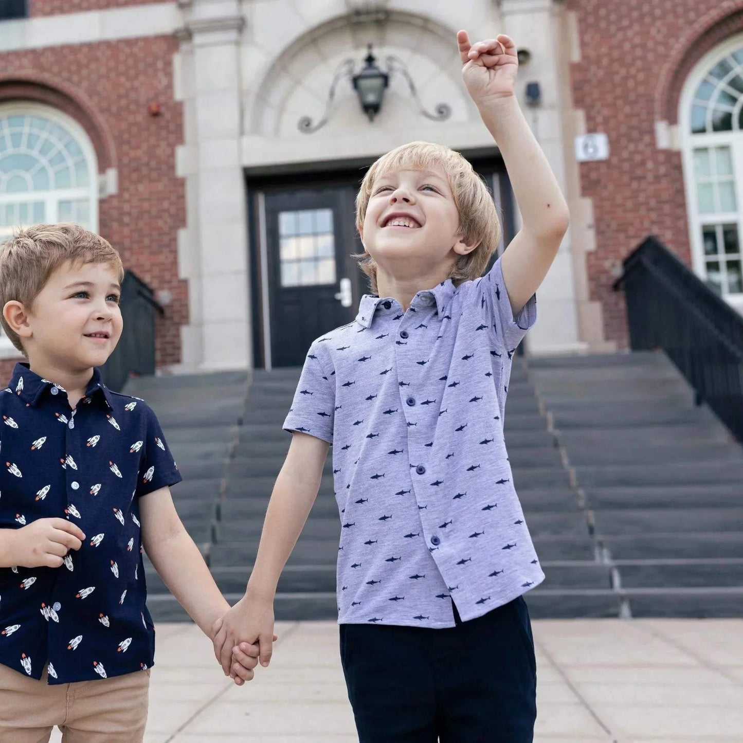 Three Little Tots Andy and Evan - Boys Knit Shark Button Down Shirt, alternate angle