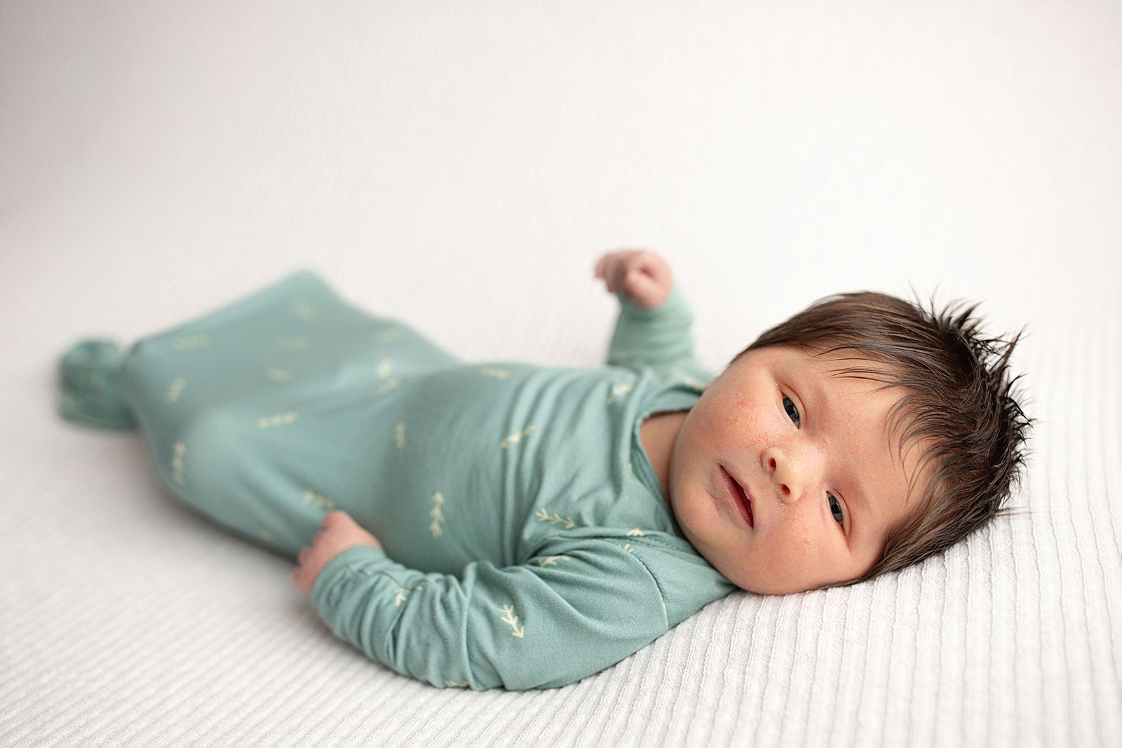 Three Little Tots Arrow Newborn Knotted Baby Gown. Ultra Soft baby gown.  Newborn Baby with a lot of hair