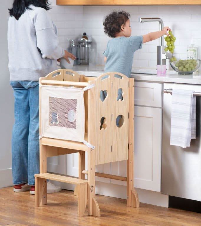Three Little Tots Plum 3-in-1 Foldable Kitchen Tower Step Stool and Chalkboard for Toddlers