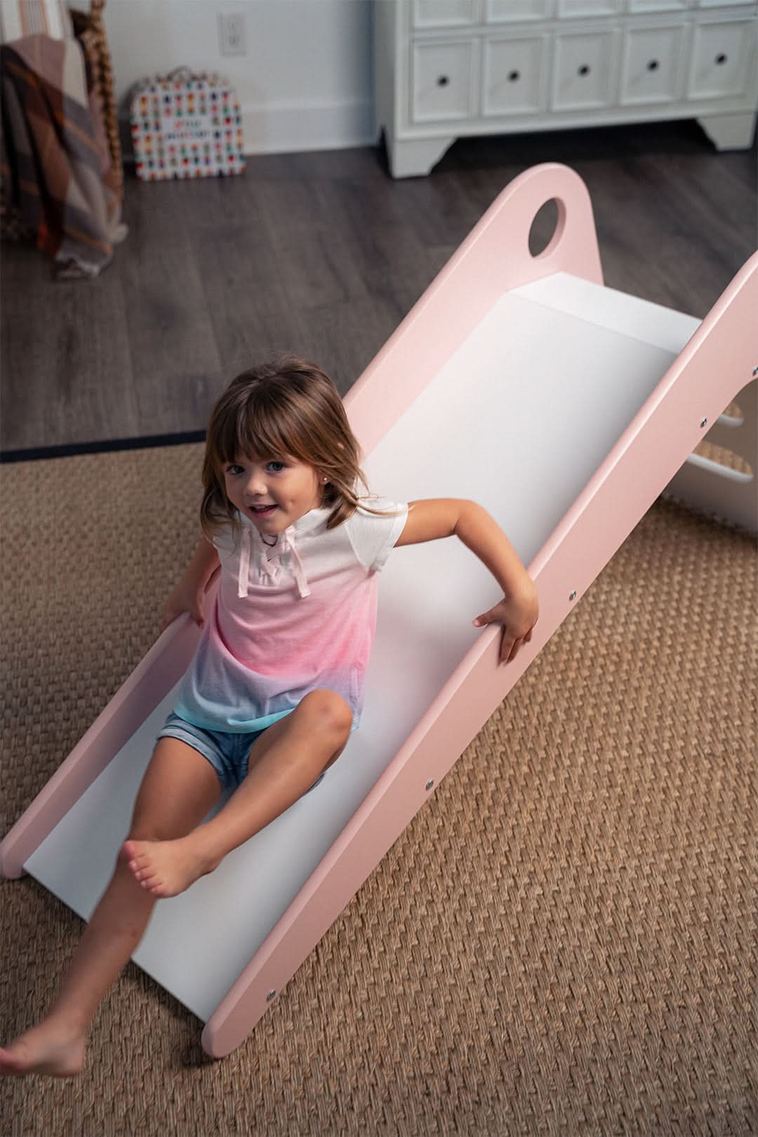 Three Little Tots Manuka Modern Toddler Slide, shown in everyday use
